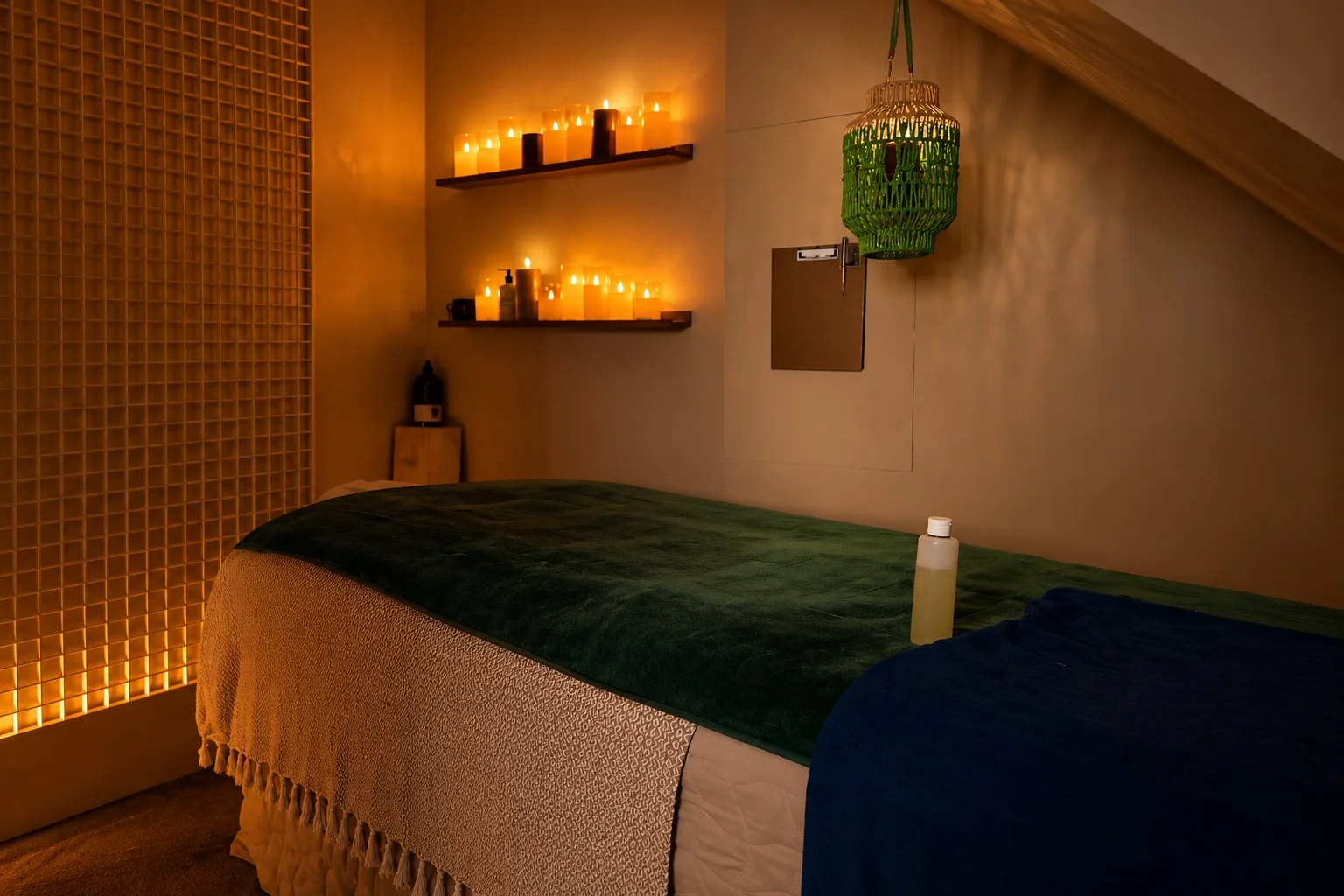 Table de massage NEXT couverte de linge vert et bleu, éclairée aux bougies