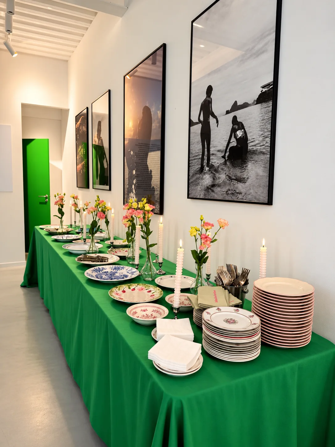 Table de réception fleurie dressée sous les photographies de la galerie NEXT