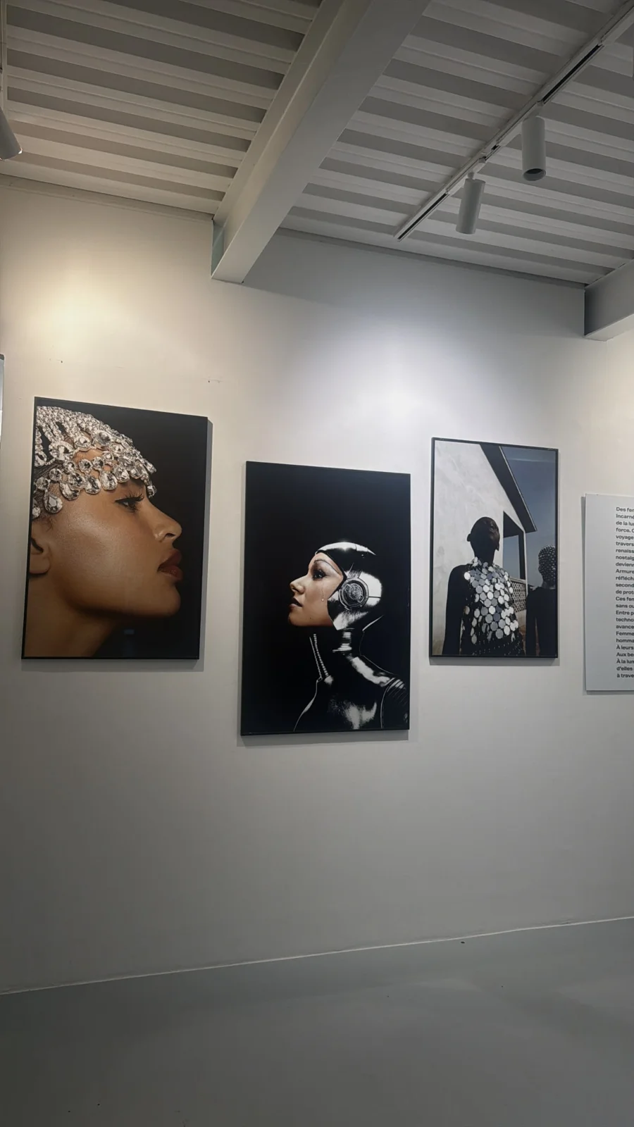 Trois portraits de femmes exposés sur le mur blanc de la galerie NEXT