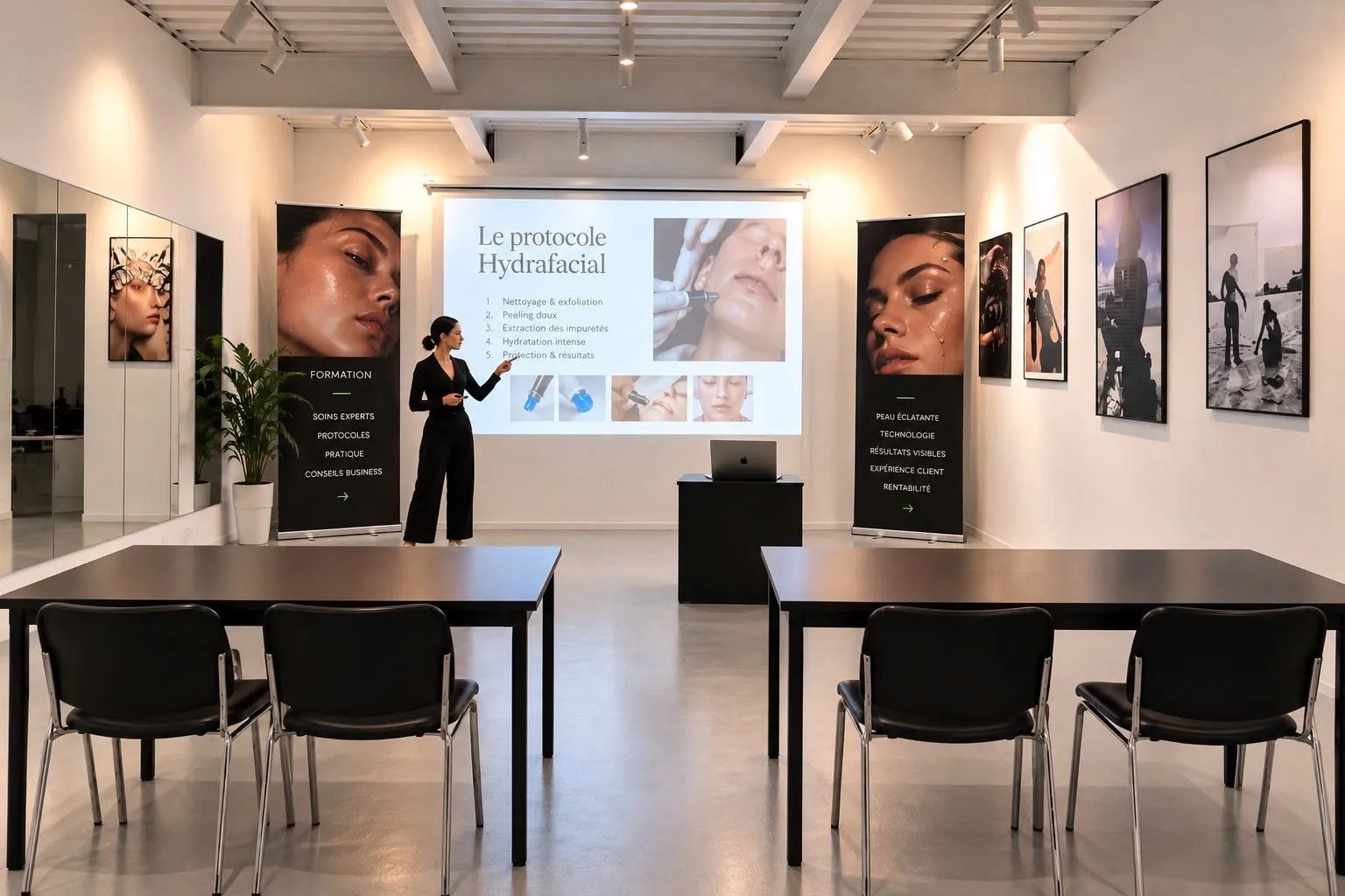 Salle de formation du club NEXT : une formatrice présente le protocole Hydrafacial devant un écran, tables et chaises noires, photographies encadrées aux murs