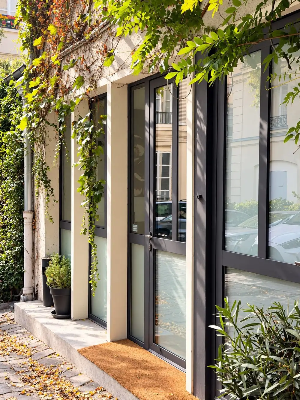 Entrée du club NEXT : façade vitrée aux menuiseries noires, encadrée de plantes grimpantes, sur une cour pavée